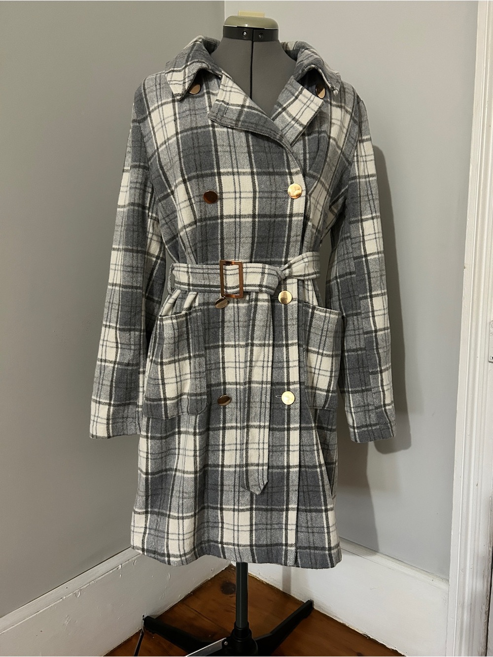Alice Blue Gray & White Plaid Double-Breasted Belted Coat with gold buttons.